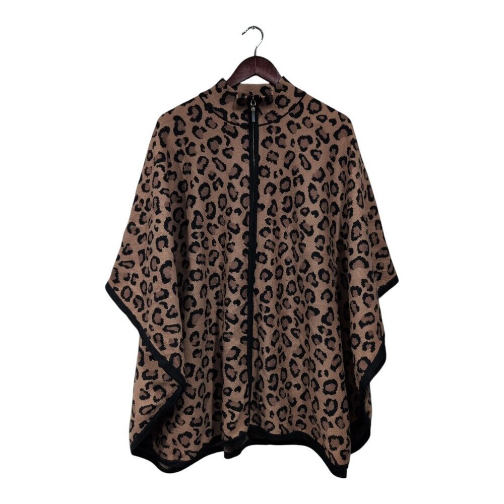 Tahari Women's Leopard Print Knit Poncho Cape Full-Zip Front Sweater Sz 2X/3X